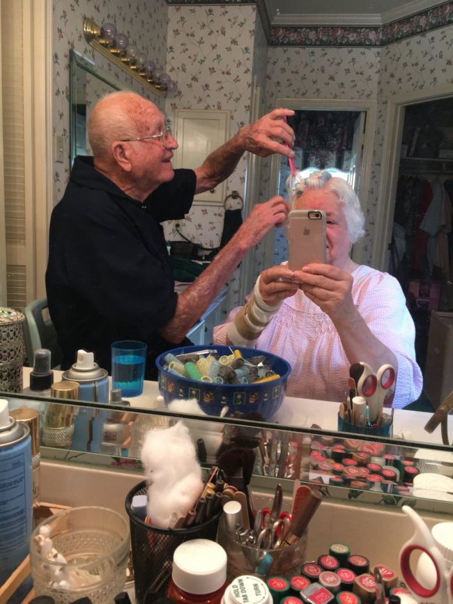 "Grandma had surgery on her wrist and couldn't do her own hair so my grandpa did it for her."